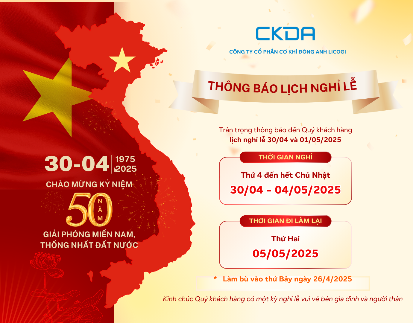 THÔNG BÁO LỊCH NGHỈ LỄ GIẢI PHÓNG MIỀN NAM 30-4 VÀ QUỐC TẾ LAO ĐỘNG 1-5